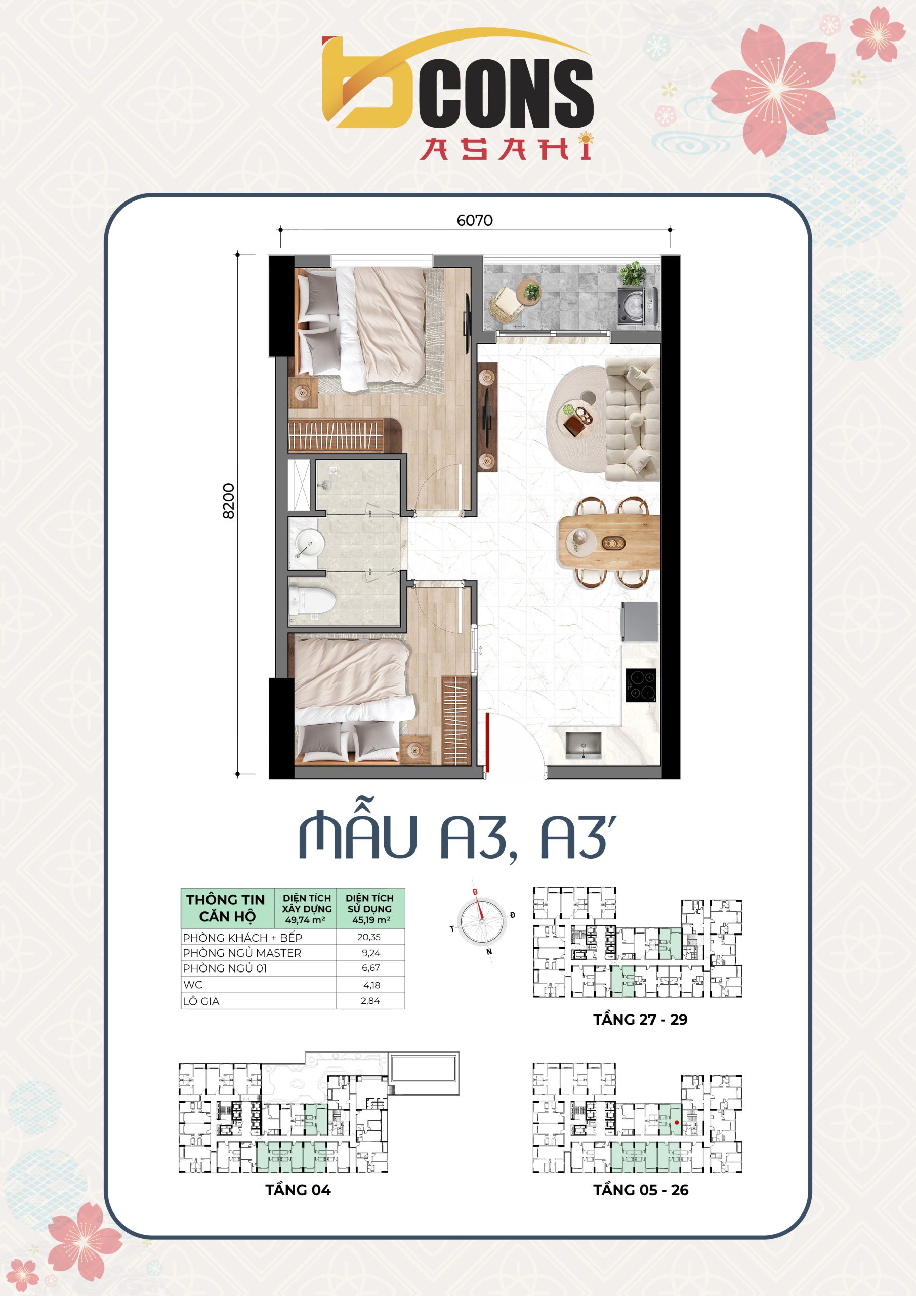 Căn hộ 2 phòng ngủ (A3) - Bcons Asahi