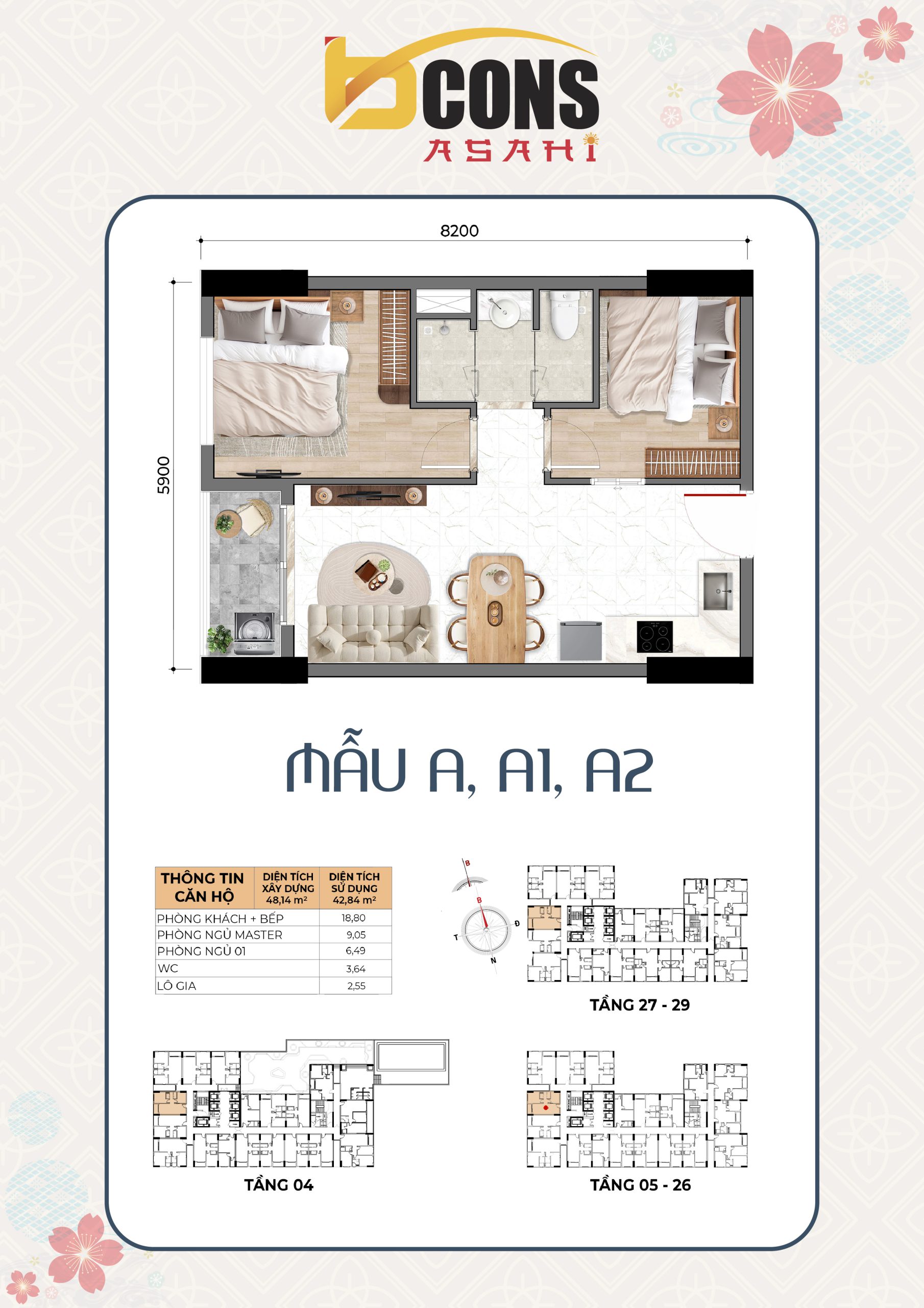 Căn hộ 2 phòng ngủ (A) - Bcons Asahi