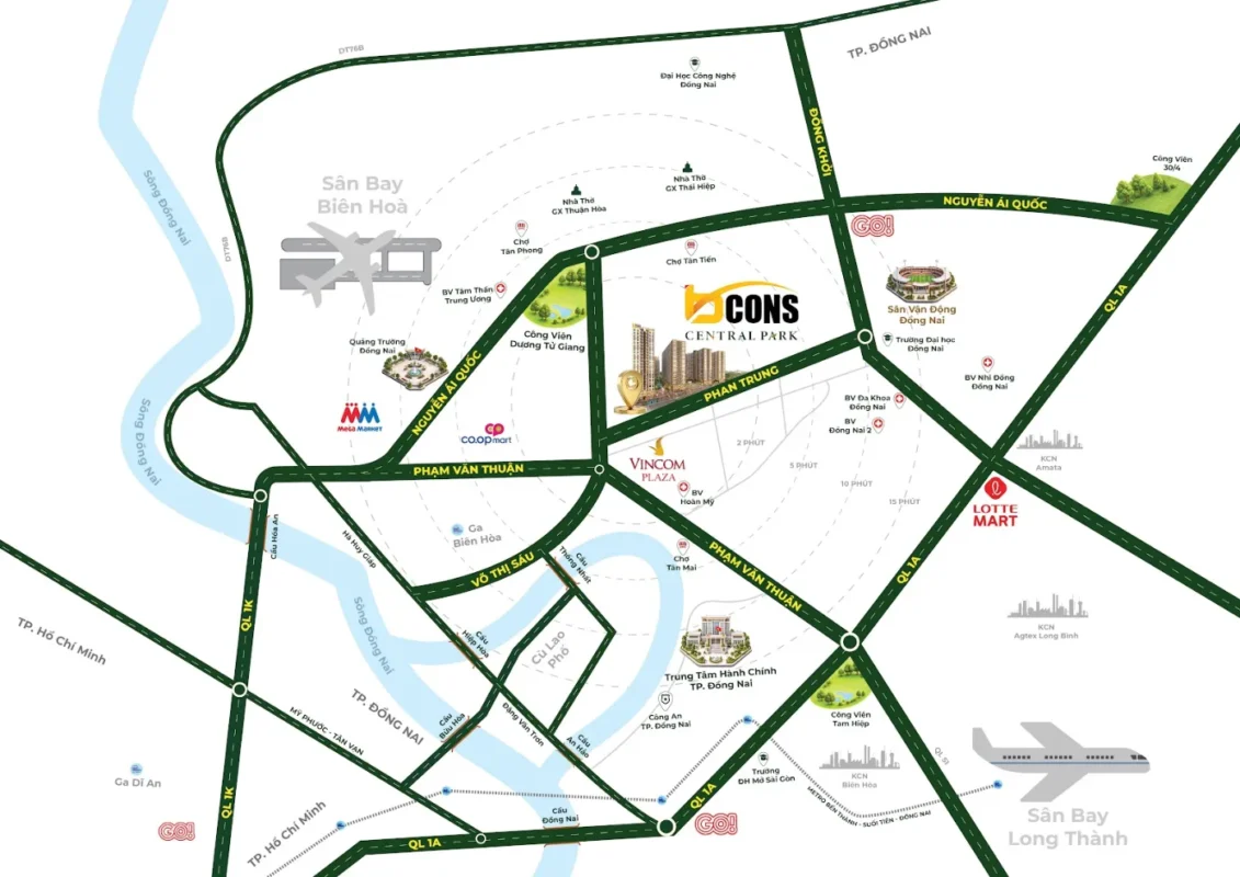 Bản đồ kết nối Bcons Central Park tại trung tâm Biên Hòa